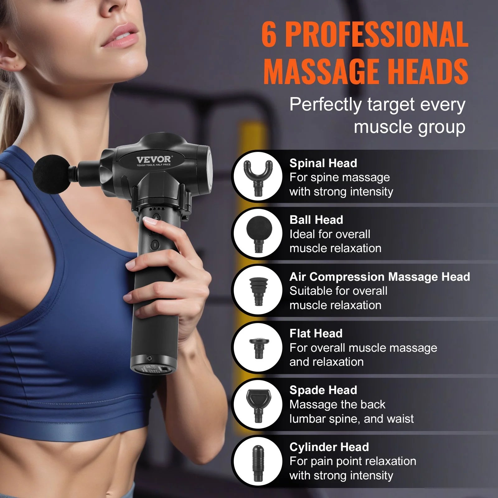 VEVOR Massage Gun Deep Tissue with 9 Speed Levels & 6 Massage Heads, 24V 2500Mah Batteries, Percussion Muscle Massager for Athletes, Handheld Electric Massage Gun for Pain Relief, Muscle Relaxation VEVOR Massage Gun Deep Tissue with 9 Speed Levels & 6 Massage Heads, 24V 2500Mah Batteries, Percussion Muscle Massager for Athletes, Handheld Electric Massage Gun for Pain Relief, Muscle Relaxation