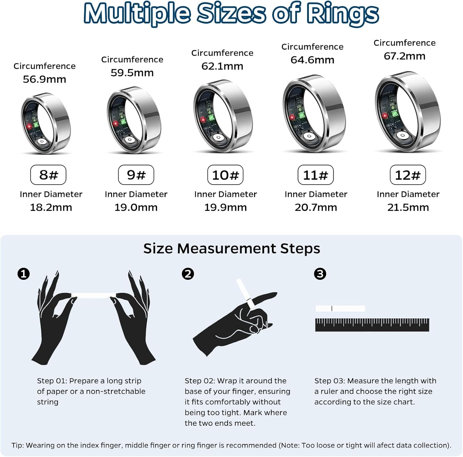 Sleep Tracker Ring with Heart Rate, Waterproof Fitness Ring for Activity Monitoring/Steps/Distance/Calories, Air Gestures, up to 7-Day Battery, for Ios Android (Silver,#12) Sleep Tracker Ring with Heart Rate, Waterproof Fitness Ring for Activity Monitoring/Steps/Distance/Calories, Air Gestures, up to 7-Day Battery, for Ios Android (Silver,#12)