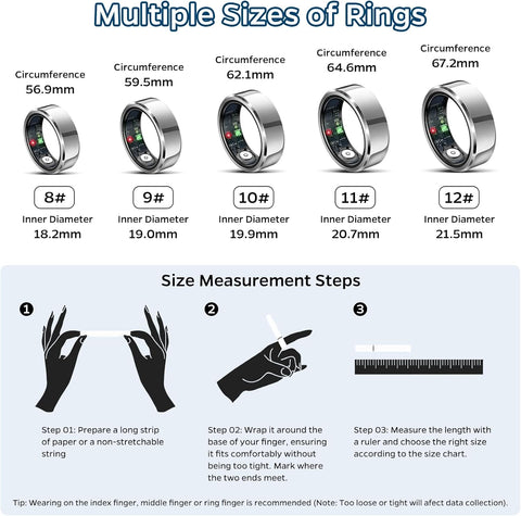 Sleep Tracker Ring with Heart Rate, Waterproof Fitness Ring for Activity Monitoring/Steps/Distance/Calories, Air Gestures, up to 7-Day Battery, for Ios Android (Silver,#12) Sleep Tracker Ring with Heart Rate, Waterproof Fitness Ring for Activity Monitoring/Steps/Distance/Calories, Air Gestures, up to 7-Day Battery, for Ios Android (Silver,#12)