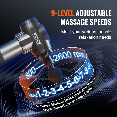 VEVOR Massage Gun Deep Tissue with 9 Speed Levels & 6 Massage Heads, 24V 2500Mah Batteries, Percussion Muscle Massager for Athletes, Handheld Electric Massage Gun for Pain Relief, Muscle Relaxation VEVOR Massage Gun Deep Tissue with 9 Speed Levels & 6 Massage Heads, 24V 2500Mah Batteries, Percussion Muscle Massager for Athletes, Handheld Electric Massage Gun for Pain Relief, Muscle Relaxation