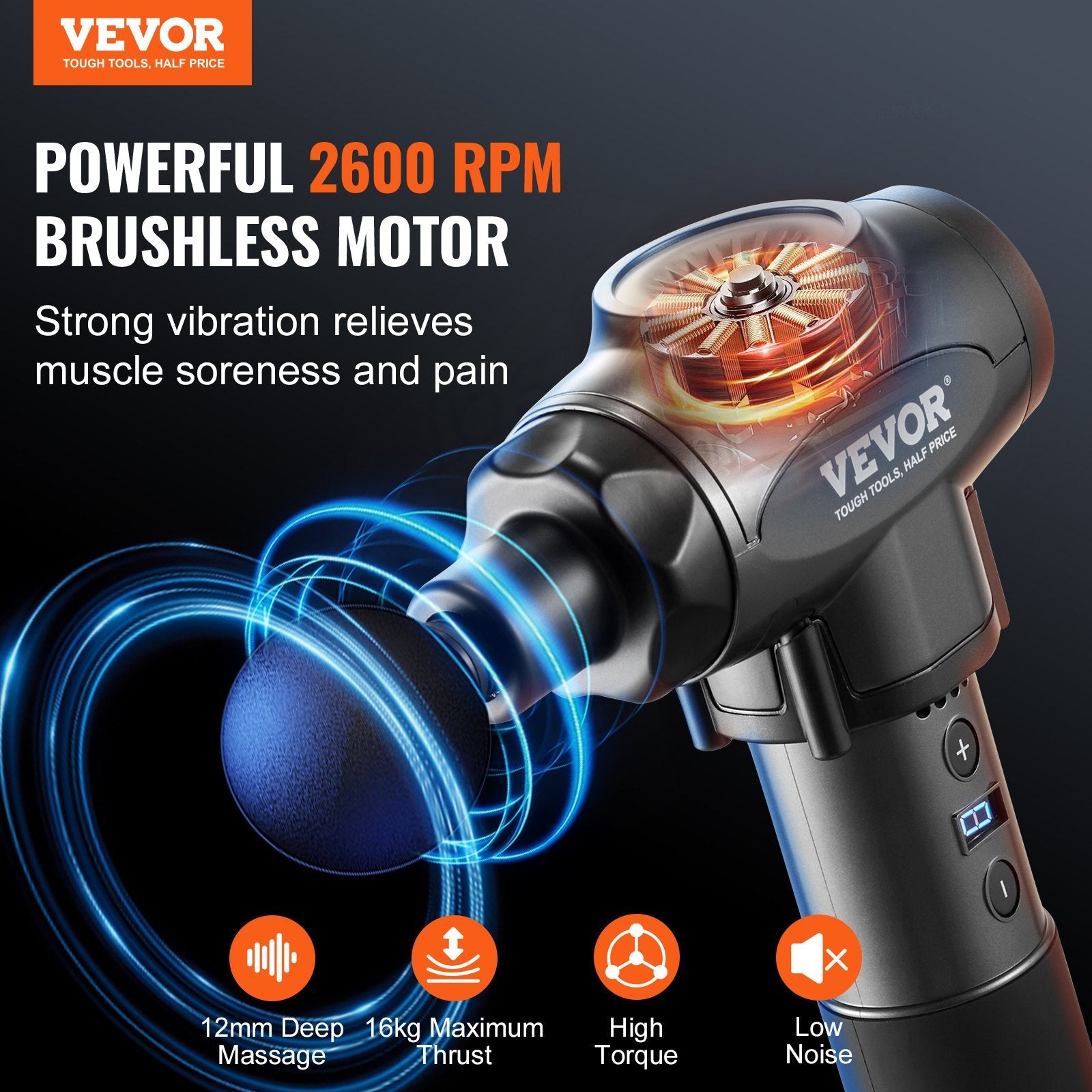 VEVOR Massage Gun Deep Tissue with 9 Speed Levels & 6 Massage Heads, 24V 2500Mah Batteries, Percussion Muscle Massager for Athletes, Handheld Electric Massage Gun for Pain Relief, Muscle Relaxation VEVOR Massage Gun Deep Tissue with 9 Speed Levels & 6 Massage Heads, 24V 2500Mah Batteries, Percussion Muscle Massager for Athletes, Handheld Electric Massage Gun for Pain Relief, Muscle Relaxation
