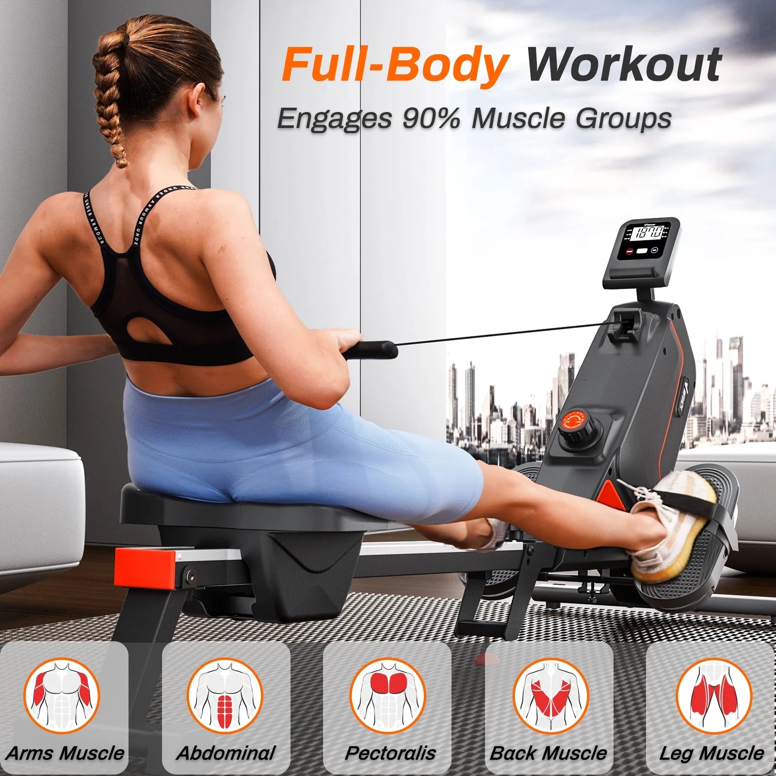 Indoor Magnetic Resistance Rowing Machine, Foldable, 350Lbs Capacity, 16 Levels, Bluetooth Compatible Quiet Workout Cardio & Full-Body Training