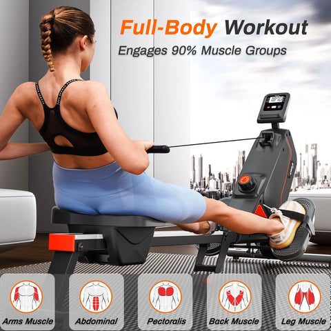 Indoor Magnetic Resistance Rowing Machine, Foldable, 350Lbs Capacity, 16 Levels, Bluetooth Compatible Quiet Workout Cardio & Full-Body Training